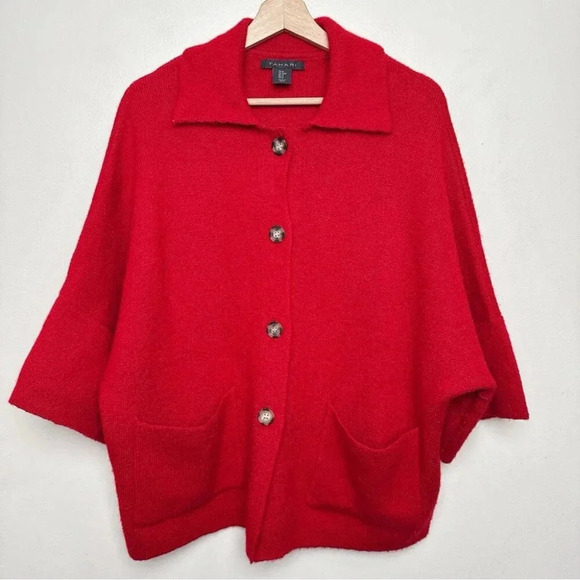 Tahari Womens Medium Button Collar Red Wool Oversized Cardigan - Picture 3 of 14